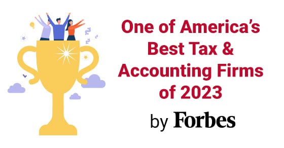 Trophy and the phrase "One of America's Best Tax & Accounting Firms of 2023 By Forbes"