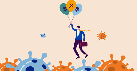 Illustration of business man holding balloons and floating over virus molecules