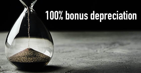 An hourglass with sand falling into the bottom is shown next to the words "100% bonus depreciation"