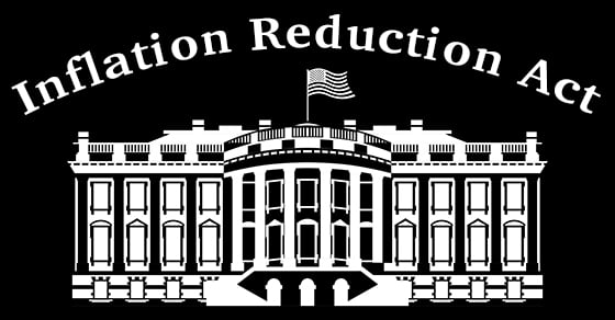 A black and white artistic rendition of the White House beneath the words "Inflation Reduction Act"