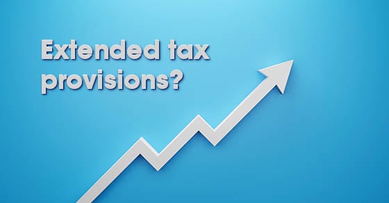 An image with a blue background with a white arrow that's ascending to the top right of the image with the phrase "Extended Tax Provisions?" On it.