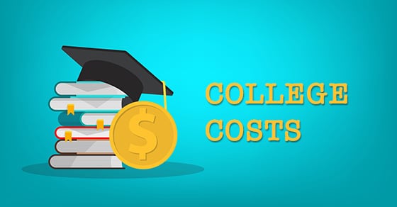 A stack of books with a graduation cap on top on a light blue background with a golden coin next to them, the words "college costs" are written in yellow next to the books.