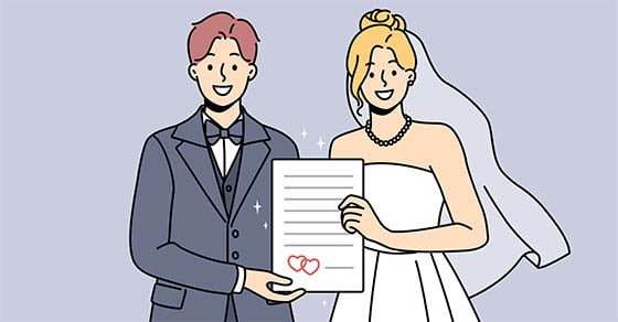 An illustration of a bride and groom smiling and holding a marriage license.