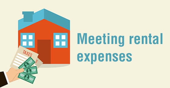 An illustration of a house with a hand holding money toward it, with the words "Meeting rental expenses".