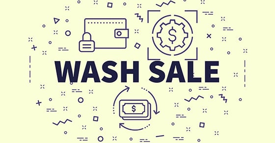 An image with several small money or tax related illustrations with the words "Wash Sale" in the middle.