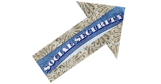 An arrow pointing up and to the right. The arrow has a design inside of it that resembles money and a blue banner that reads "Social Security".