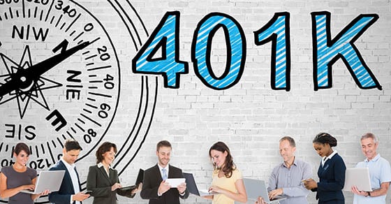 A group of business people looking at paperwork in a line along a wall with a compass on it with "401K" displayed above them.