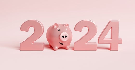 2024 in pink 3d text with a piggy bank as the zero.