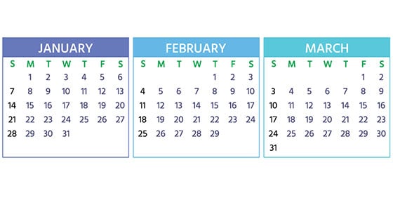An image of calendars for January, February, and March 2024