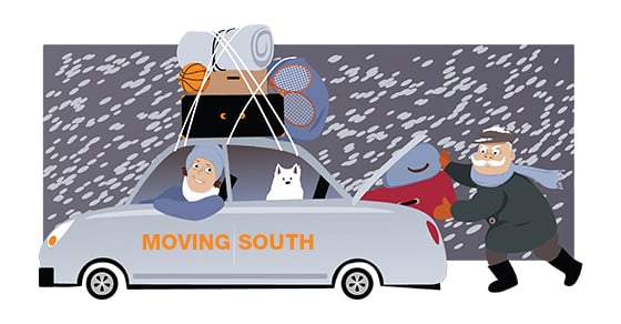 Artwork of a person packing suitcases into the trunk of a car labeled 'MOVING SOUTH' while the weather is cold and snowy