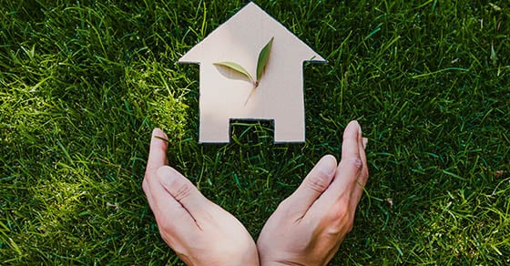 Hands holding a wooden house with a leaf on it in front of a grass background.