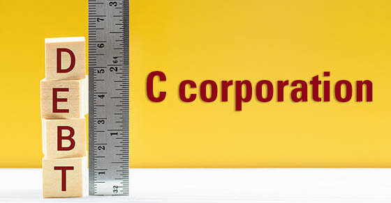 The letters for 'DEBT' on wooden blocks stacked vertically next to a ruler. The image reads 'C CORPORATION' to the right of the ruler/