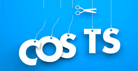 The letters for 'COSTS' hanging by strings; the strings appear to be being cut by a pair of scissors.