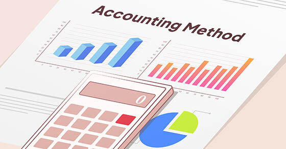 An illustration of a paper that reads "ACCOUNTING METHOD" with various charts on it, and a calculator.