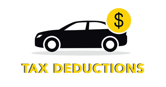 A vehicle with a dollar sign on it, text under it reads 'TAX DEDUCTIONS'.