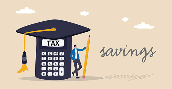 An illustration of a man leaning against a tax calculator with a graduation cap on it next to the word 'savings' in a script font.